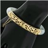 Image 9 : Vintage 18k Gold GIA Arc Shape Green & White Jade w/ Open Work Bangle Bracelet