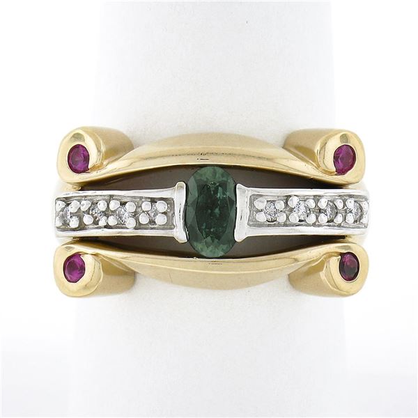 14K TT Gold.92 ctw Oval Sapphire Solitaire Diamond Ruby Sideways Scroll Band Rin