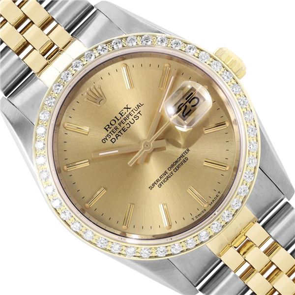 Rolex Mens Sapphire Two Tone Champagne Index Diamond Bezel Datejust Wristwatch W