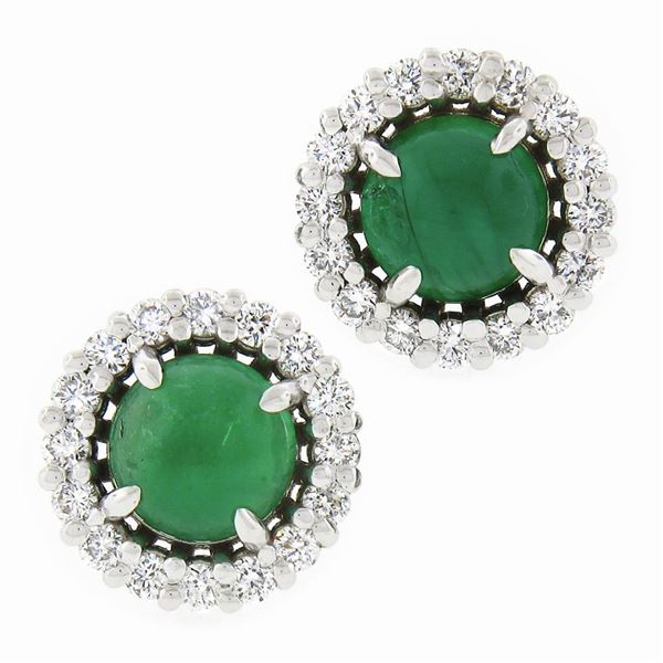 NEW 18k White Gold 1.72 ctw Round Cabochon Emerald w/ Diamond Halo Stud Earrings