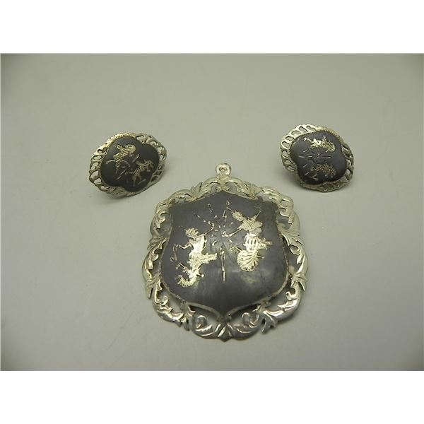 Sterling Silver Siam Pendant/Brooch & Earrings
