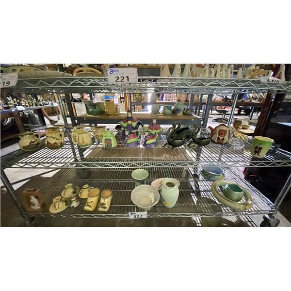 SHELF LOT OF POTTERY, MUGS AND DECOR- INCLUDING; STAFFORDSHIRE, BLUE MOUNTAIN POTTERY AND MORE