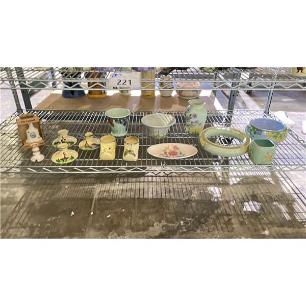 SHELF LOT OF ASSORTED POTTERY INCLUDING; STAFFORDSHIRE, RADFORD AND MORE