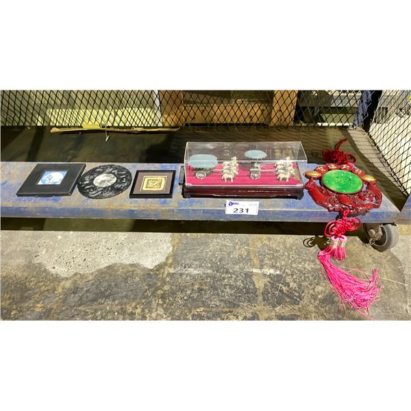 LOT OF JADE WALL DECOR, THE BRONZE CHARIOT OF EMPEROR QIN SHI HUANG'S MAUSOLEUM AND 3 PIECES OF