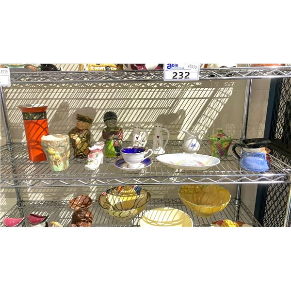 SHELF LOT OF ASSORTED STAFFORDSHIRE TOBY MUGS, RADFORD POTTERY AND MORE