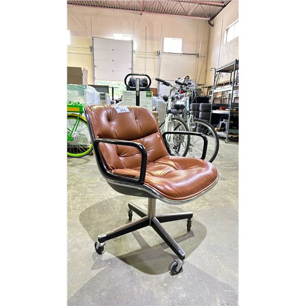 KNOLL INTERNATIONAL BROWN LEATHER ROLLING OFFICE CHAIR *MISSING BUTTON*
