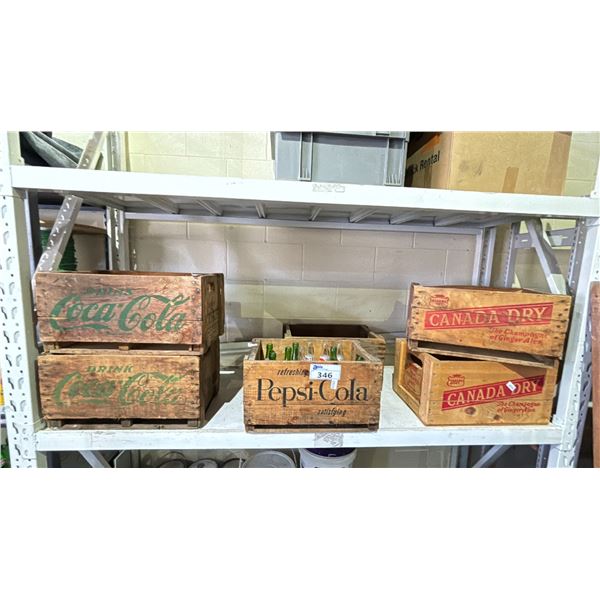 SHELF OF VINTAGE SODA CRATES & BOTTLES INCLUDING; PEPSI-COLA, HI-SPOT, CANADA DRY & COCA-COLA