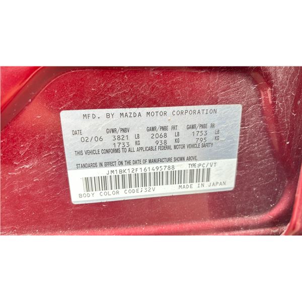 maroonページ 2006 MAZDA 3 TOURING EDITION RED VIN JM1BK12F161495788 - Able Auctions