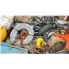 Image 2 : LARGE CRATE FILLED WITH: CHAIN, LEVER CHAIN HOIST, ASSORTED HOSES, PITCH FORKS, INDUSTRIAL AIR POT,