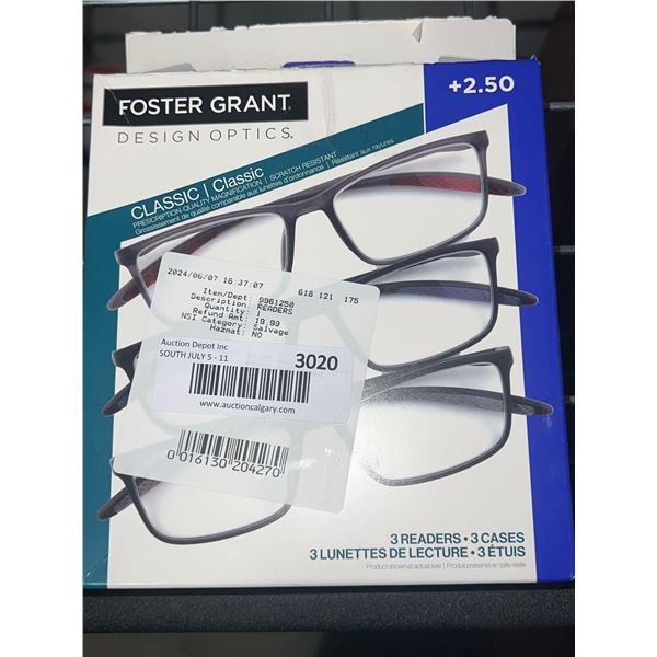 Foster Grant Design Optics 3 pack of reader glasses +2.50 strength