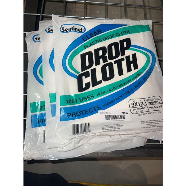 Lot of 3 multi purpose clear plastic drop cloths 9ft x 12ft