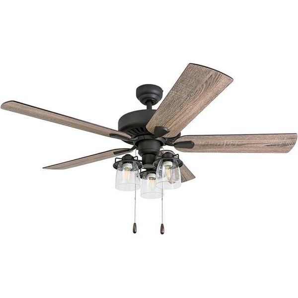 Prominence Home Briarcrest, 52 Inch Farmhouse LED Ceiling Fan with Light, Pull Chain, Three Mounting