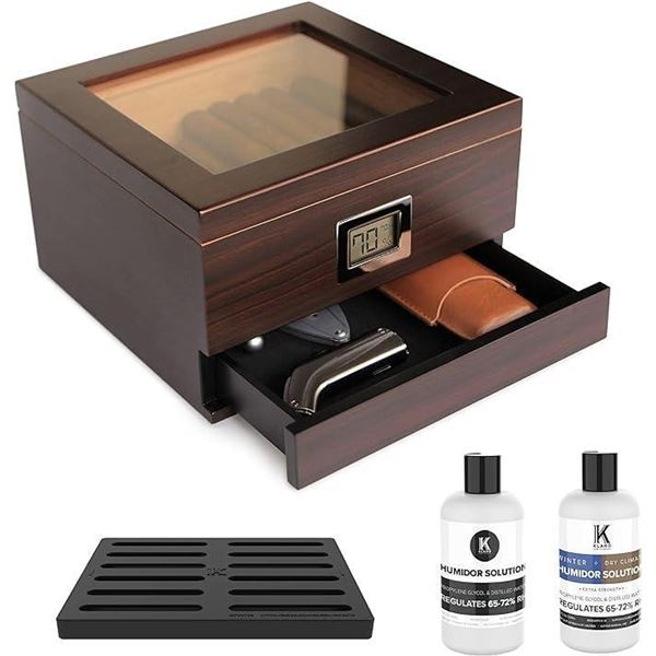 Glass Top Handcrafted Cedar Humidor with Front Digital Hygrometer, Humidifier Solution, and Accessor