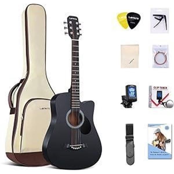 Lankro 38 inch Beginner Acoustic Guitar Black Basswood Cutaway Guitarra Starter Kit with Gig Bag Sta