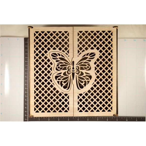 8"X8"X2 1/2" CUSTOM CUT WOOD BUTTERFLY JEWELRY,