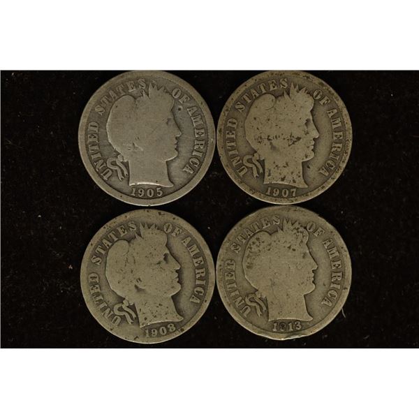 1905-S, 07,08 & 1913 SILVER BARBER DIMES