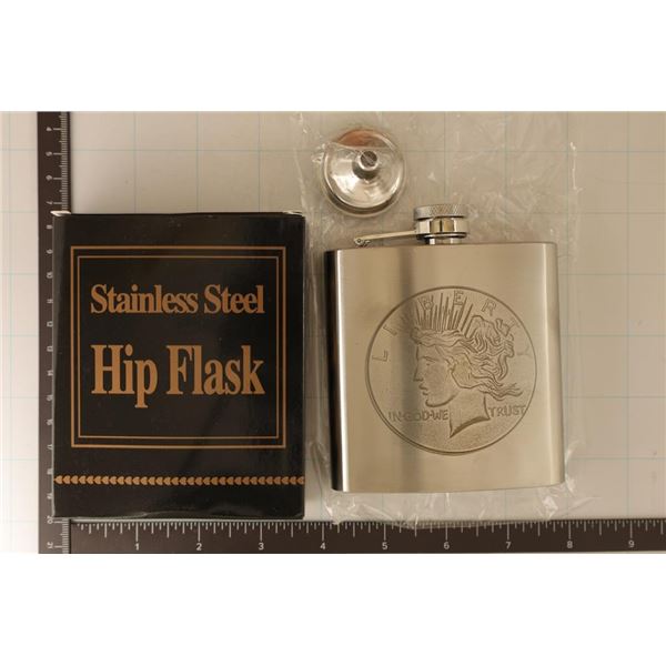 STAINLESS STEEL HIP FLASK WITH PEACE SILVER DOLLAR