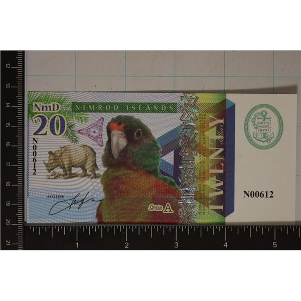 NIMROD ISLANDS $20 CRISP UNC COLORIZED BILL