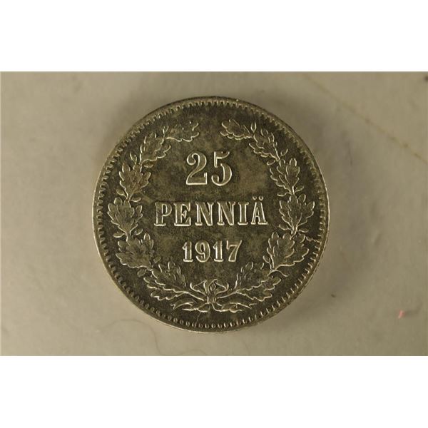 1917 FINLAND SILVER 25 PENNIA .0307 OZ. ASW AU