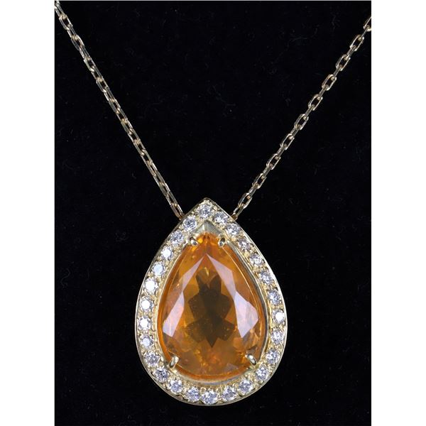 ~2.95CT FIRE OPAL 18K GOLD DIAM. PENDANT NECKLACE