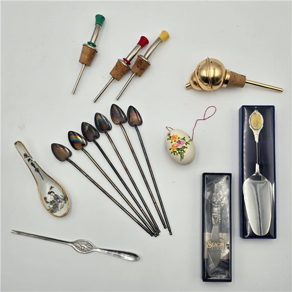 Cocktail spoons, antique soup spoon, egg, bottle toppers