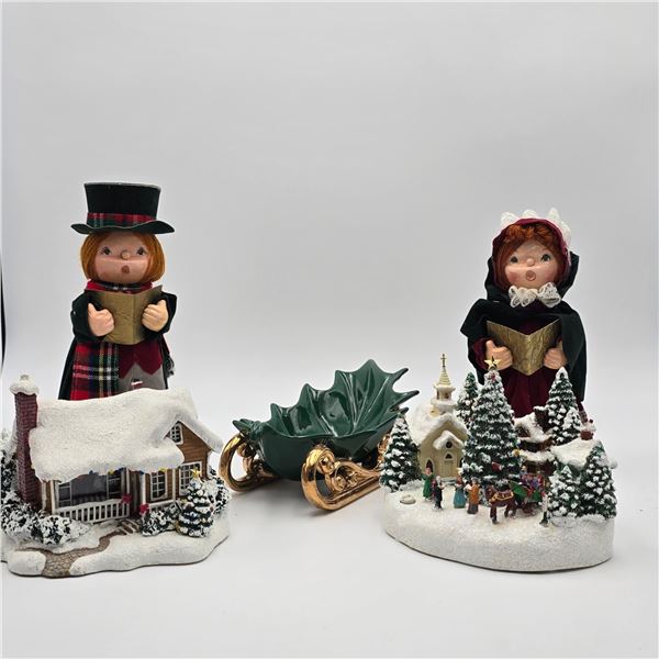 Christmas village scenes; mistletoe sleigh bowl; caroller décor