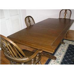 Large dining table w/leaf, stretcher base & 4 chairs