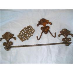 Cast iron towel bar, hanger and soap dish