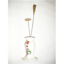 Two vintage hat pins w/holder