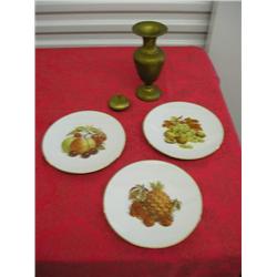 Brass vase, ashtray and 3 German plates