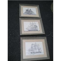 3 framed ship sketches