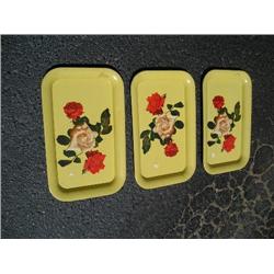 3 rose painted metal trays