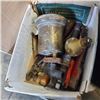 Image 2 : TOTE AND BOX OF ASSORTED TOOLS INCLUDING BRASS TORCH AND CHISELS ETC.