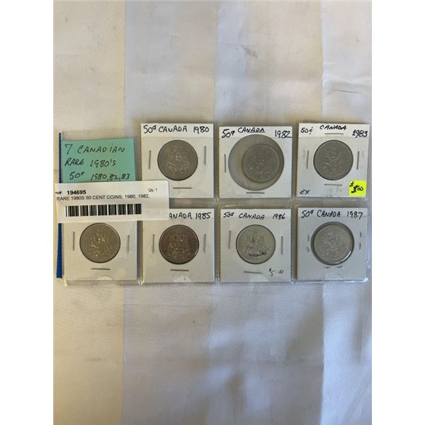 7 RARE 1980S 50 CENT COINS; 1980, 1982, 1983, 1984, 1985, 1986, 1987