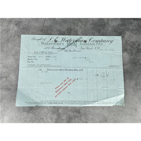 LE Waterman Company Fountain Pens Billhead
