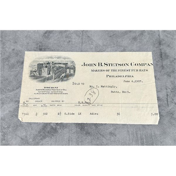 1907 John B. Stetson Cowboy Hats Billhead