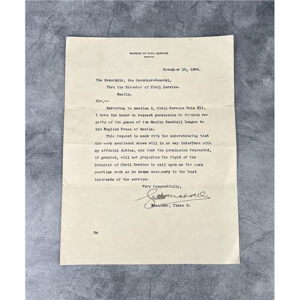 1906 Philippines Civil Service Letter re Baseball