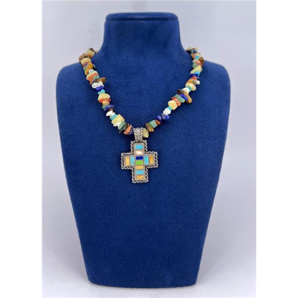 Zuni Inlay Cross On Stone Bead Necklace