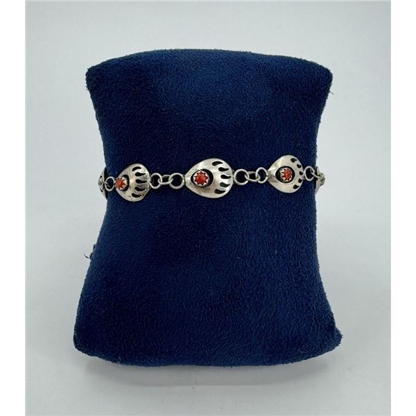 Navajo Sterling Silver Coral Bear Paw Bracelet