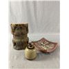 Image 1 : Vintage Art Pieces - 8.5" x 5.5" Carved Wood, 4" Signed Studio Pottery Art & 7" x 7" Stone Pottery A