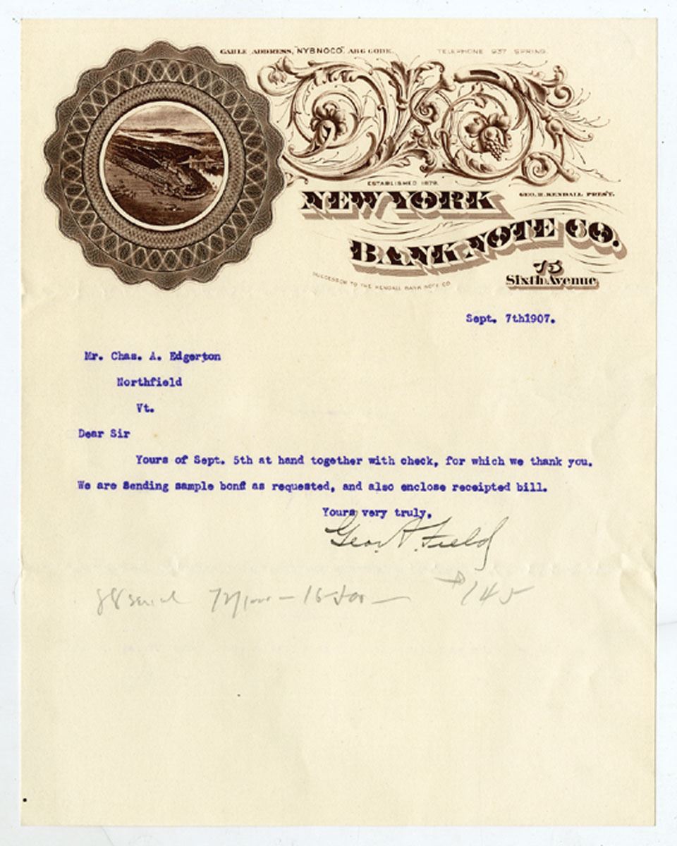 New York Bank Note Co. 1907 Typed Letter on Intaglio Printed ...
