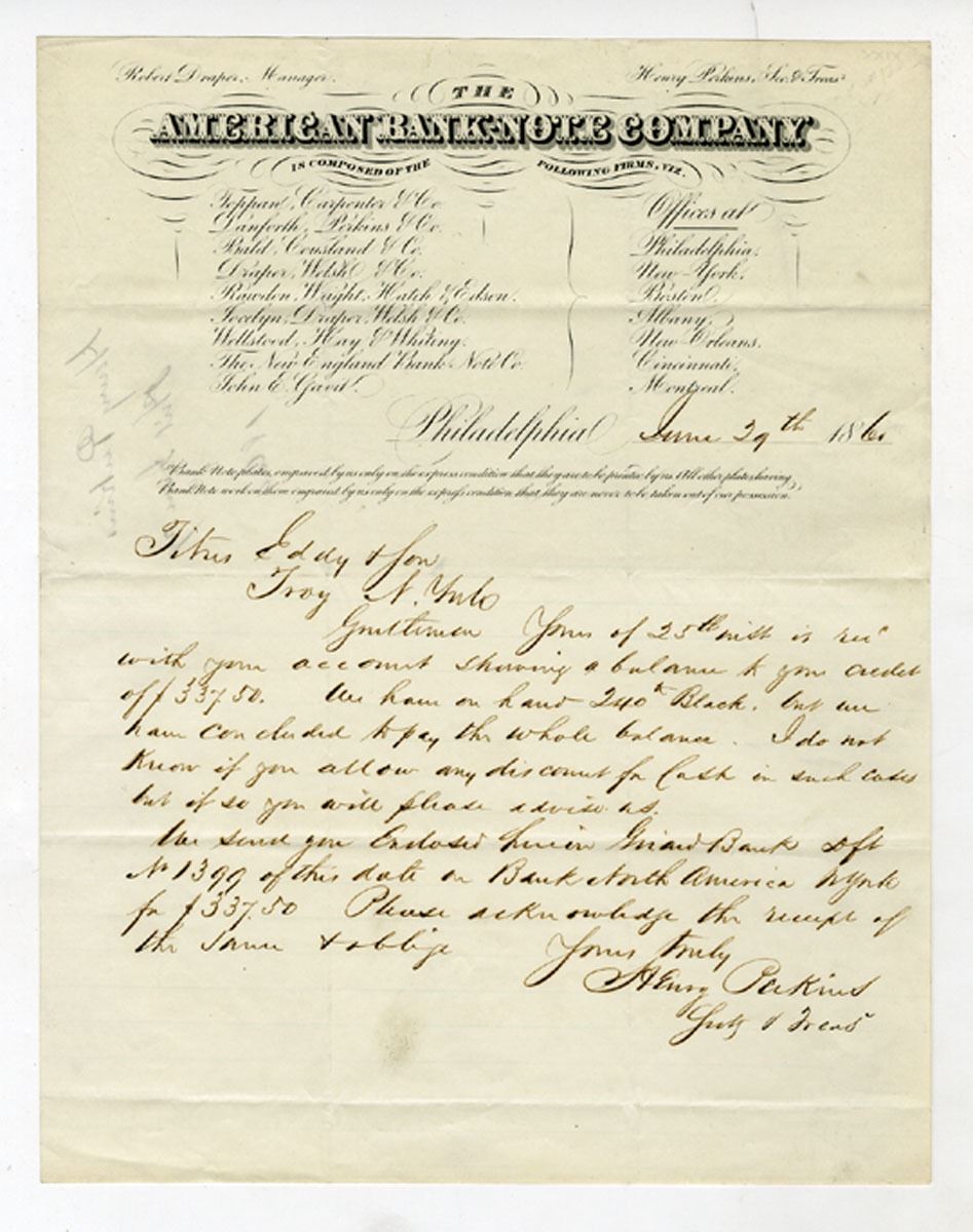 American Bank-Note Co. 1860 Handwritten Letter on Intaglio Printed ...