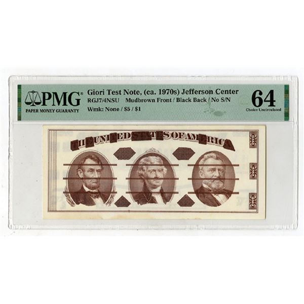 Giori Test Note, Jefferson Center, (ca.1970s), RGJ7/4NSU Mud brown Front / Black Back, $5 / $1. Test