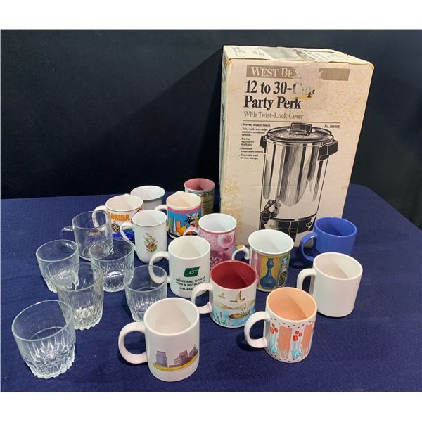 West Bend 30 Cup Party Perk plus Boxed Mugs and Glasses