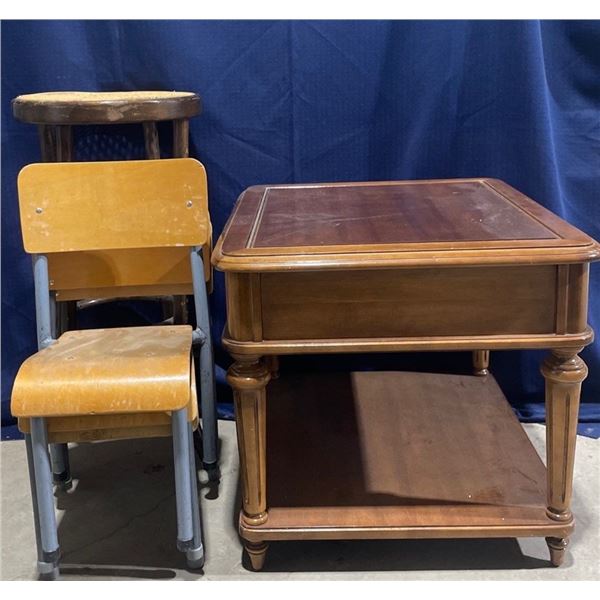 Bar Stool, Kids Chairs, and Side table (14.5X29.5, 22H, 23X27.5 21H)