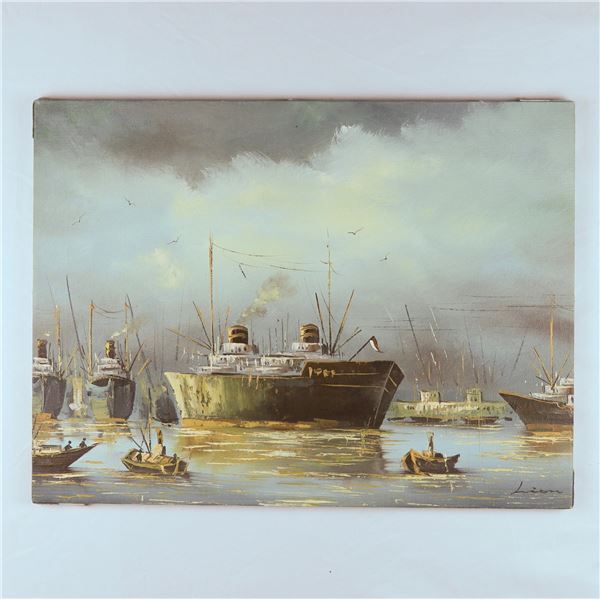 Harbour painting with ships, stretched canvas