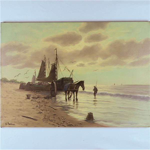 Painting Horse Pulling Buggy Coastal Scene by Fr. Martens