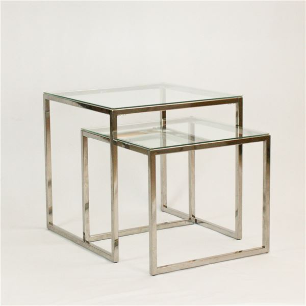 Pair of Nesting Chrome Tables with Glass Tops