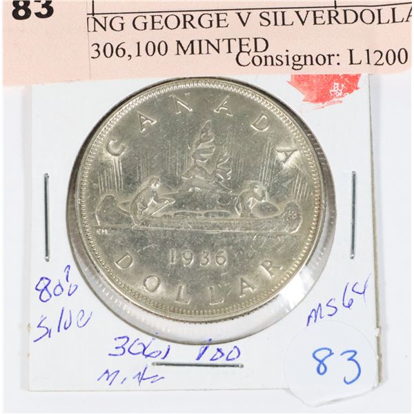1936KING GEORGE V SILVER DOLLAR ONLY 306,100 MINTED
