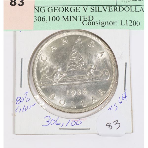 1936KING GEORGE V SILVER DOLLAR ONLY 306,100 MINTED